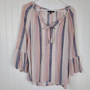 FRED DAVID Flowy Pink & Gray Striped Top, Flowy Sleeves, Women's SZ M